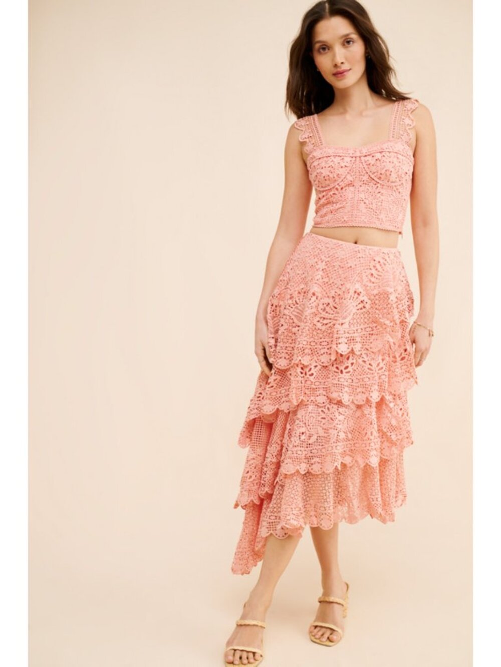 NWT FARM Rio Light Pink Guipure Lace Corset Top & Tiered Maxi Skirt Set S - Picture 9 of 16